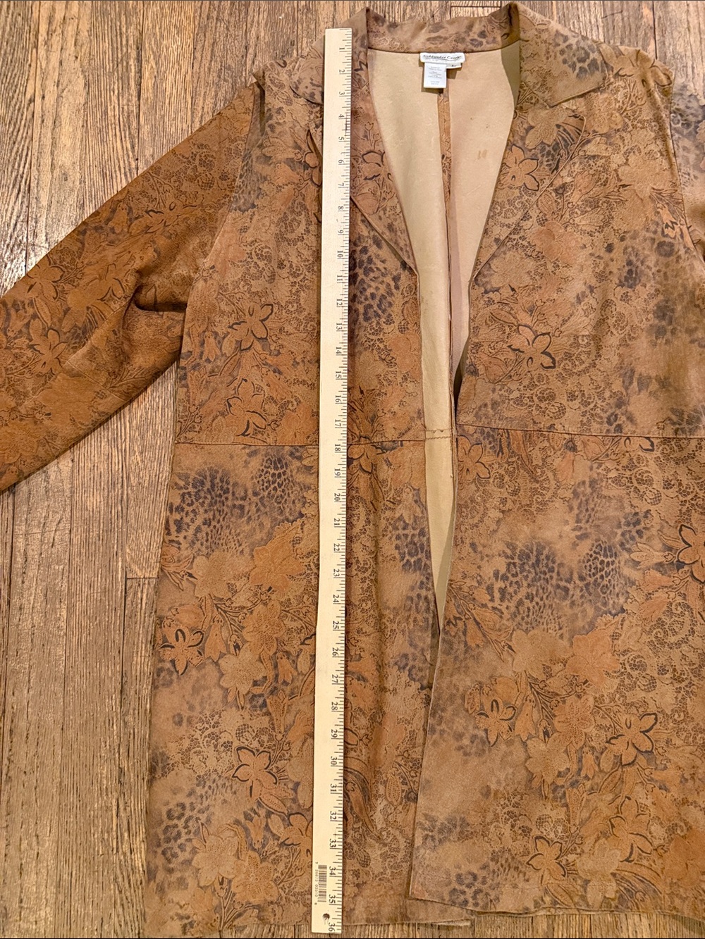 Coldwater Creek Floral Printed Tan Suede Duster Coat Leopard Bohemian Jacket - Picture 13 of 14